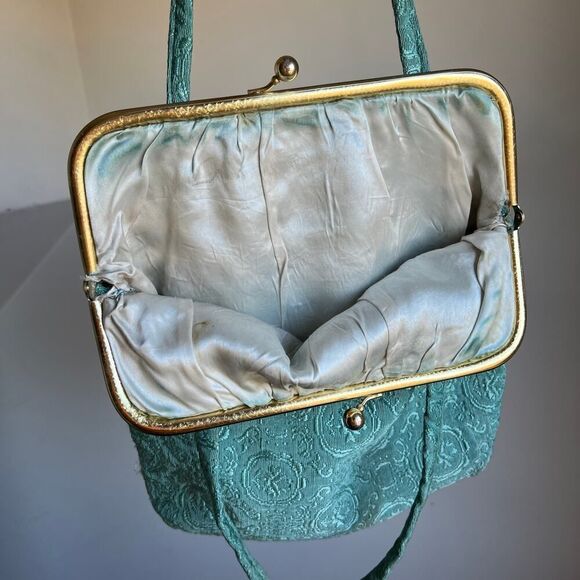 Antique Vintage‎ Teal Seafoam Green Handbag Kiss Lock Purse Tote Gold Tapestry - Picture 9 of 9